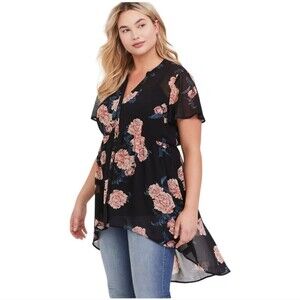 Torrid Sheer High-Low Lexie Babydoll Tunic, Button Floral Print Size Torrid 1
